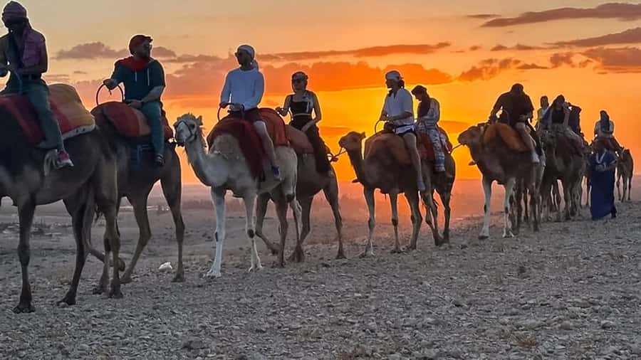 Marrakech: Agafay Desert: Camel ride Quad Bike, Dinner show - A first camel ride with Agafay’s best light