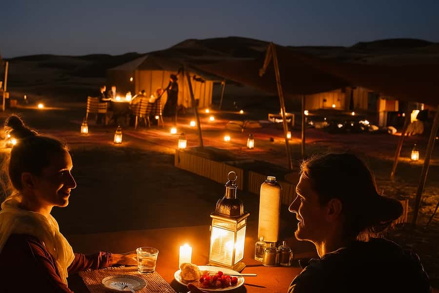 Marrakesh: Agafay Desert Sunset, Camel Ride, and Dinner Show - Moroccan dinner under the desert sky