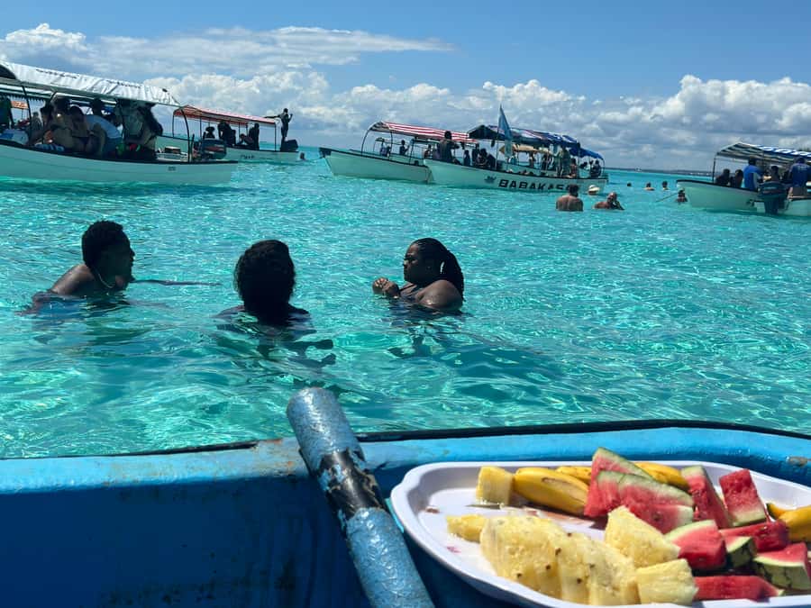 Zanzibar: Mnemba Island Dolphin and Snorkeling Tour - Sandbank swimming and fresh tropical fruit